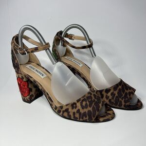 Steve Madden Merlys Floral Embroidered Ankle Strap Block Heel Animal Sandal 7.5